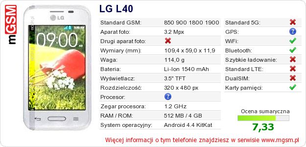 Dane telefonu LG L40 Dane telefonu LG L40