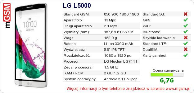 Dane telefonu LG L5000 Dane telefonu LG L5000