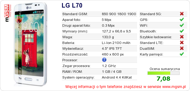 Dane telefonu LG L70