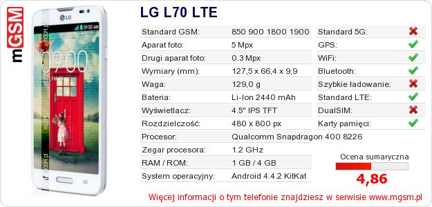Dane telefonu LG L70 LTE