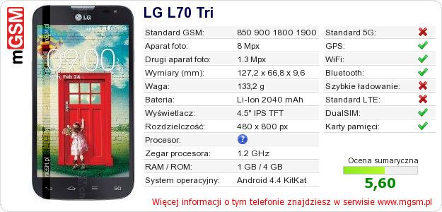Dane telefonu LG L70 Tri