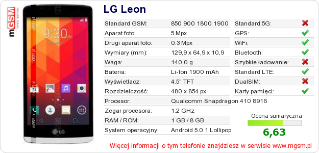 Dane telefonu LG Leon Dane telefonu LG Leon