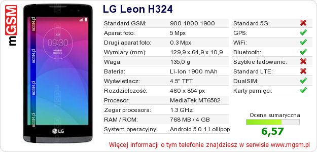 Dane telefonu LG Leon H324