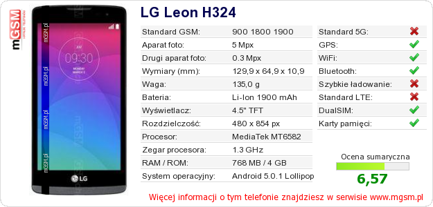 Dane telefonu LG Leon H324 Dane telefonu LG Leon H324