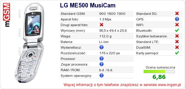 Dane telefonu LG ME500 MusiCam Dane telefonu LG ME500 MusiCam