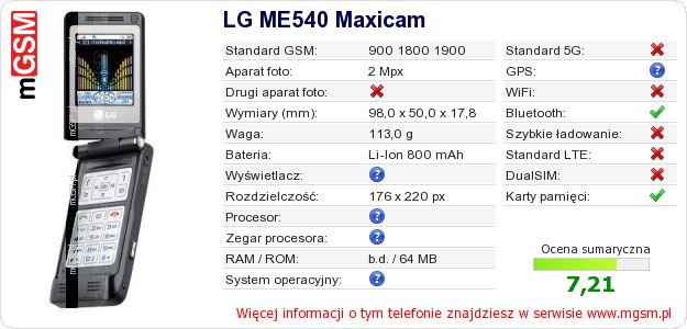Dane telefonu LG ME540 Maxicam