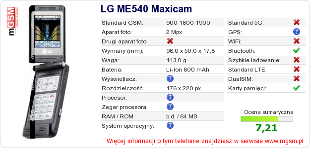 Dane telefonu LG ME540 Maxicam