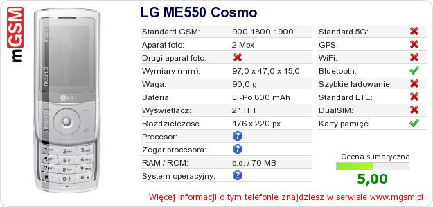 Dane telefonu LG ME550 Cosmo