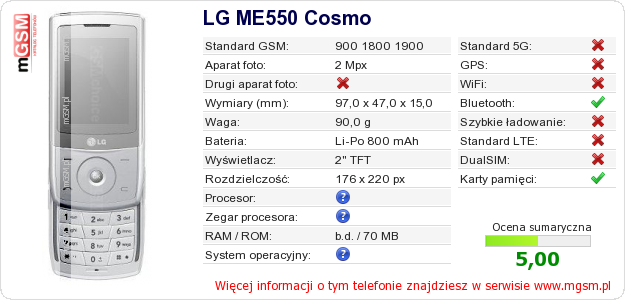 Dane telefonu LG ME550 Cosmo