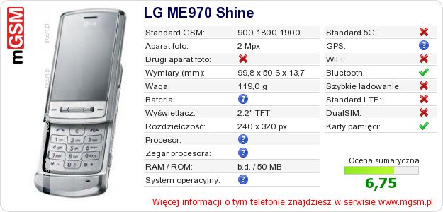 Dane telefonu LG ME970 Shine Dane telefonu LG ME970 Shine