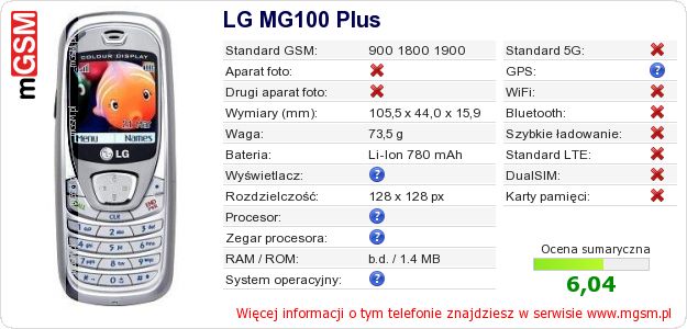 Dane telefonu LG MG100 Plus
