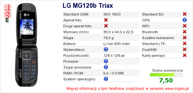 Dane telefonu LG MG120b Triax