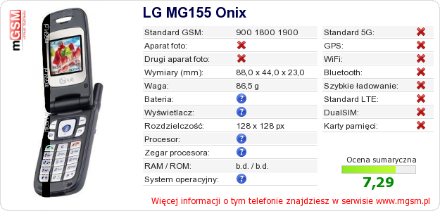 Dane telefonu LG MG155 Onix