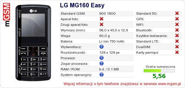 Dane telefonu LG MG160 Easy