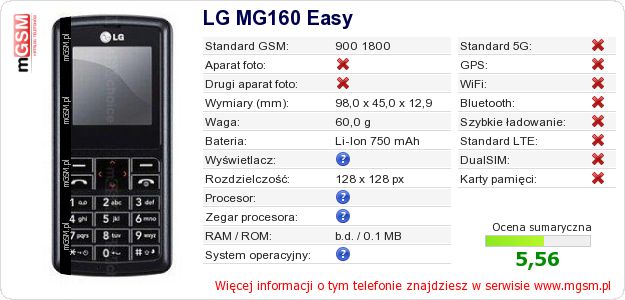 Dane telefonu LG MG160 Easy