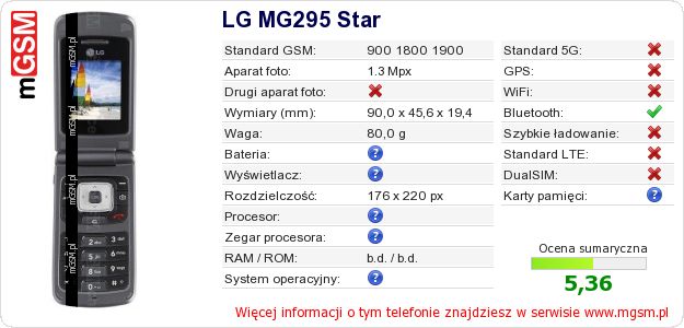 Dane telefonu LG MG295 Star Dane telefonu LG MG295 Star