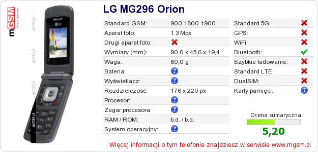 Dane telefonu LG MG296 Orion