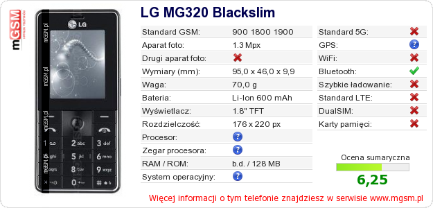 Dane telefonu LG MG320 Blackslim