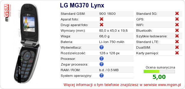 Dane telefonu LG MG370 Lynx