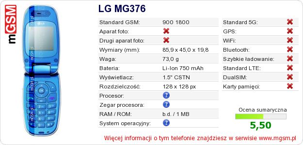 Dane telefonu LG MG376