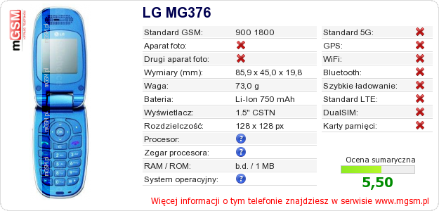 Dane telefonu LG MG376 Dane telefonu LG MG376