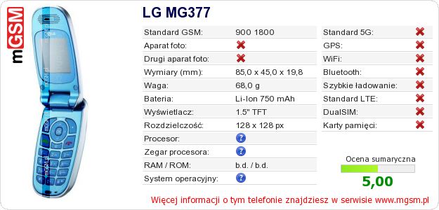Dane telefonu LG MG377 Dane telefonu LG MG377