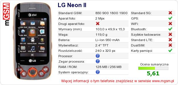 Dane telefonu LG Neon II