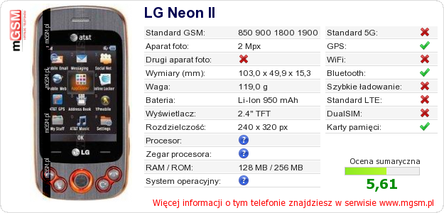 Dane telefonu LG Neon II