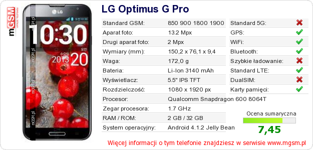 Dane telefonu LG Optimus G Pro
