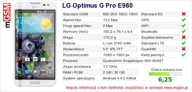 Dane telefonu LG Optimus G Pro E980