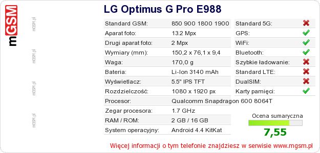 Dane telefonu LG Optimus G Pro E988 Dane telefonu LG Optimus G Pro E988