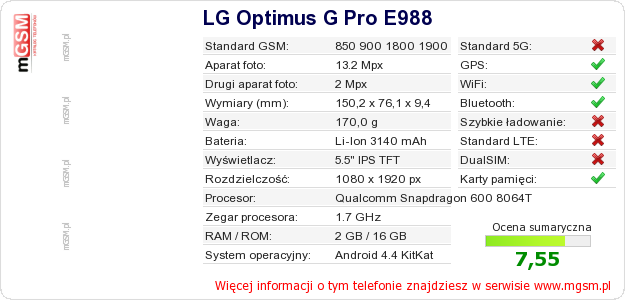 Dane telefonu LG Optimus G Pro E988 Dane telefonu LG Optimus G Pro E988
