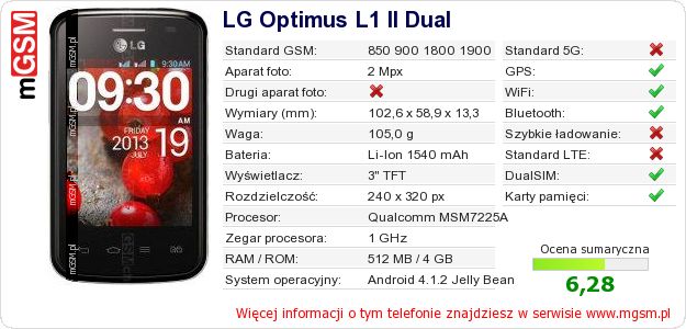 Dane telefonu LG Optimus L1 II Dual Dane telefonu LG Optimus L1 II Dual