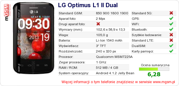 Dane telefonu LG Optimus L1 II Dual