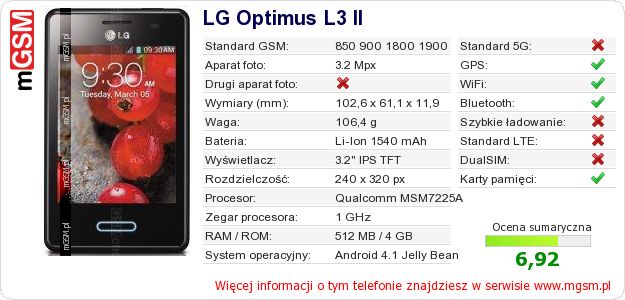 Dane telefonu LG Optimus L3 II