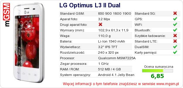 Dane telefonu LG Optimus L3 II Dual