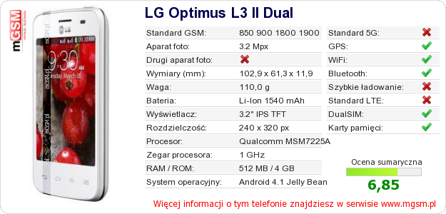 Dane telefonu LG Optimus L3 II Dual