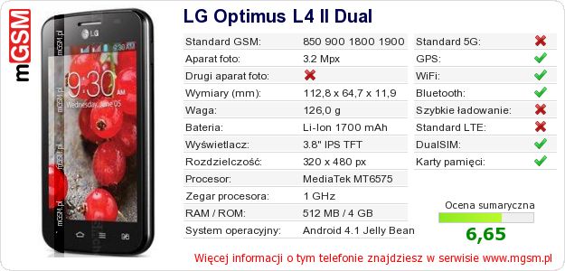 Dane telefonu LG Optimus L4 II Dual Dane telefonu LG Optimus L4 II Dual