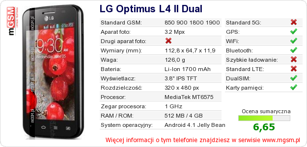 Dane telefonu LG Optimus L4 II Dual