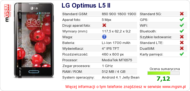 Dane telefonu LG Optimus L5 II