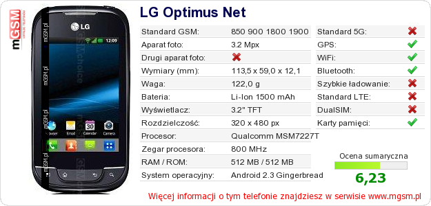 Dane telefonu LG Optimus Net Dane telefonu LG Optimus Net