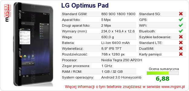 Dane telefonu LG Optimus Pad Dane telefonu LG Optimus Pad