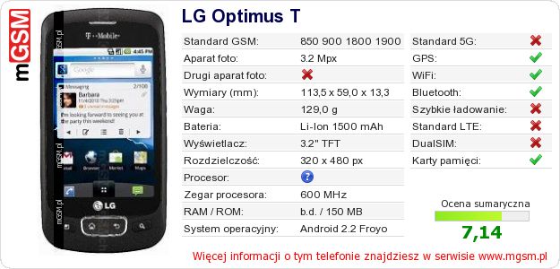 Dane telefonu LG Optimus T Dane telefonu LG Optimus T