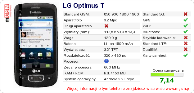 Dane telefonu LG Optimus T