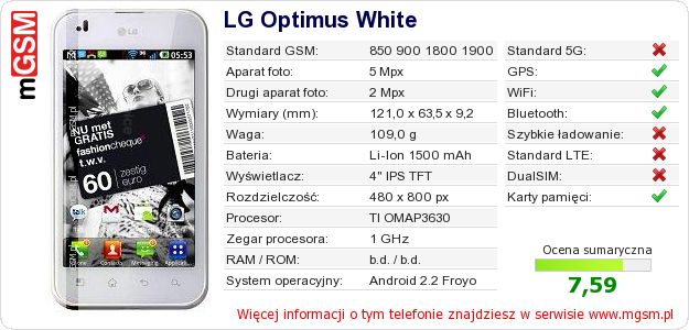 Dane telefonu LG Optimus White Dane telefonu LG Optimus White