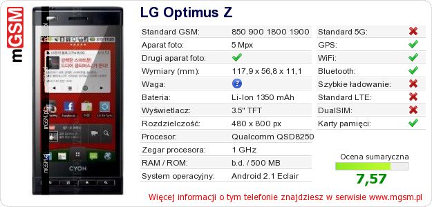 Dane telefonu LG Optimus Z Dane telefonu LG Optimus Z