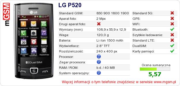 Dane telefonu LG P520 Dane telefonu LG P520