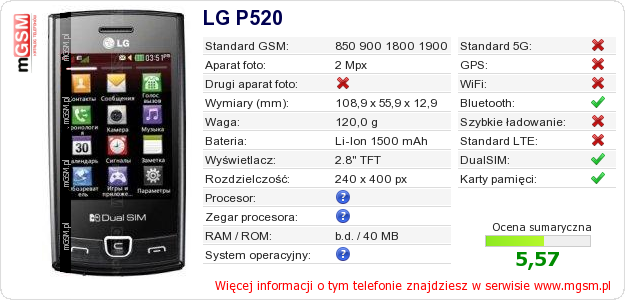 Dane telefonu LG P520