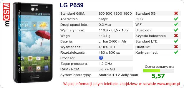 Dane telefonu LG P659 Dane telefonu LG P659