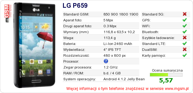 Dane telefonu LG P659